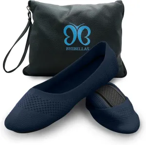 Foldable Stretch Knit Travel Slip-On Round Toe Ballet Flats with Packable Zipper Pouch and Expandable Tote Bag Carrying Case Split Sole Shoes