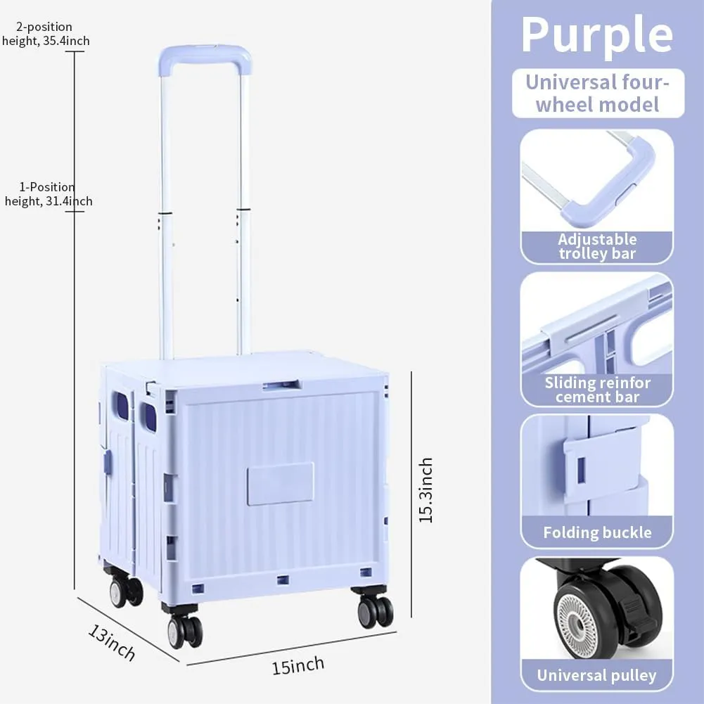 Foldable Utility Cart Collapsible Rolling Carts with Lid Portable Rolling Crate Handcart Shopping Trolley with Telescopic Handle 4 Wheels for Picnic Camping Moving Luggage Use