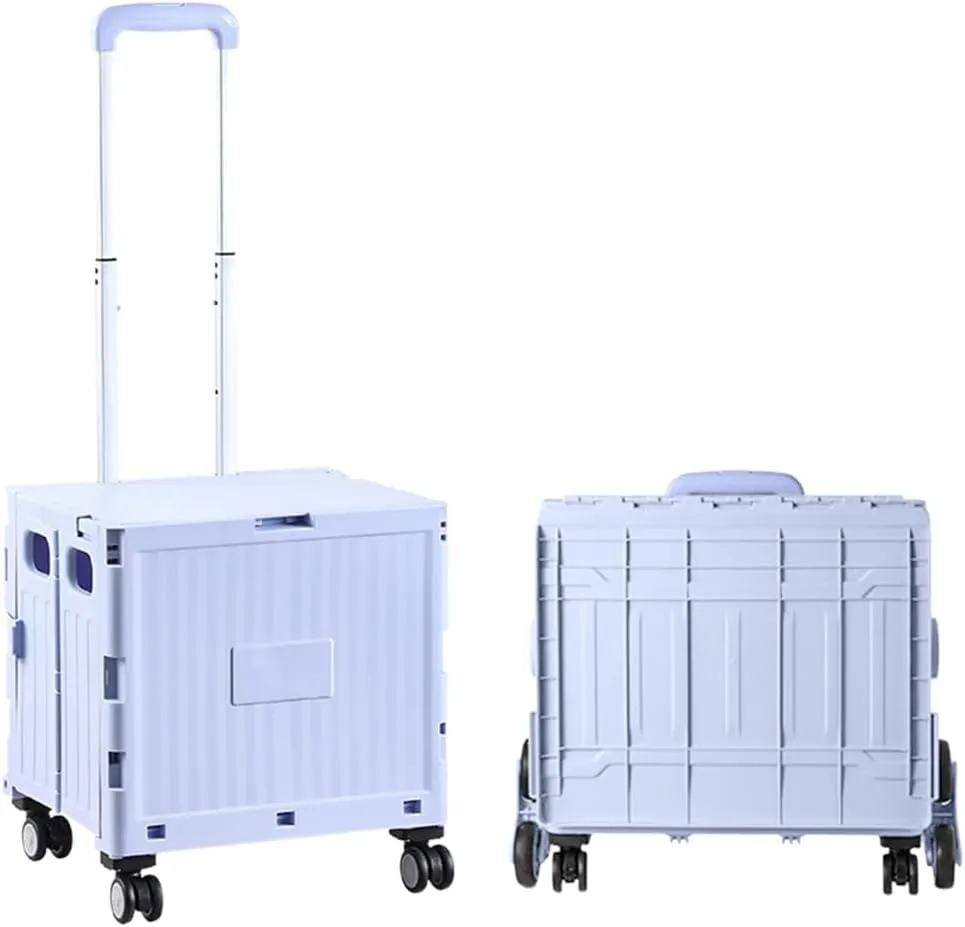 Foldable Utility Cart Collapsible Rolling Carts with Lid Portable Rolling Crate Handcart Shopping Trolley with Telescopic Handle 4 Wheels for Picnic Camping Moving Luggage Use