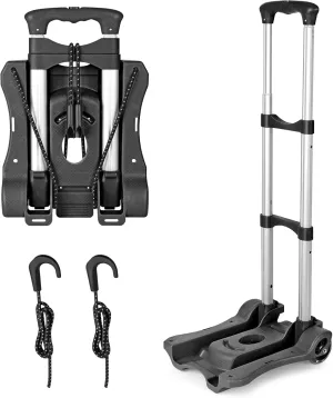 Folding Hand Truck, Heavy Duty Luggage Cart, Utility Dolly Platform Cart with 4 Wheels and 2 Elastic Ropes for Luggage, Travel, Moving, Shopping, Office Use (110LB, Black)