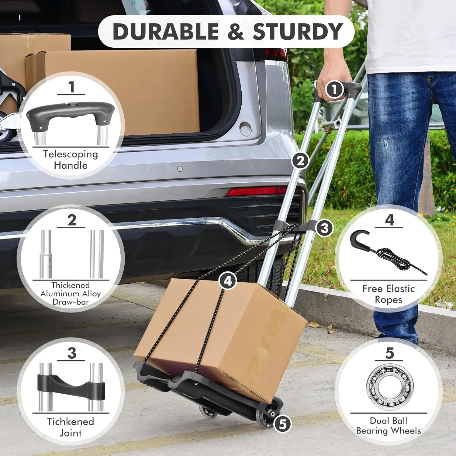 Folding Hand Truck, Heavy Duty Luggage Cart, Utility Dolly Platform Cart with 4 Wheels and 2 Elastic Ropes for Luggage, Travel, Moving, Shopping, Office Use (110LB, Black)