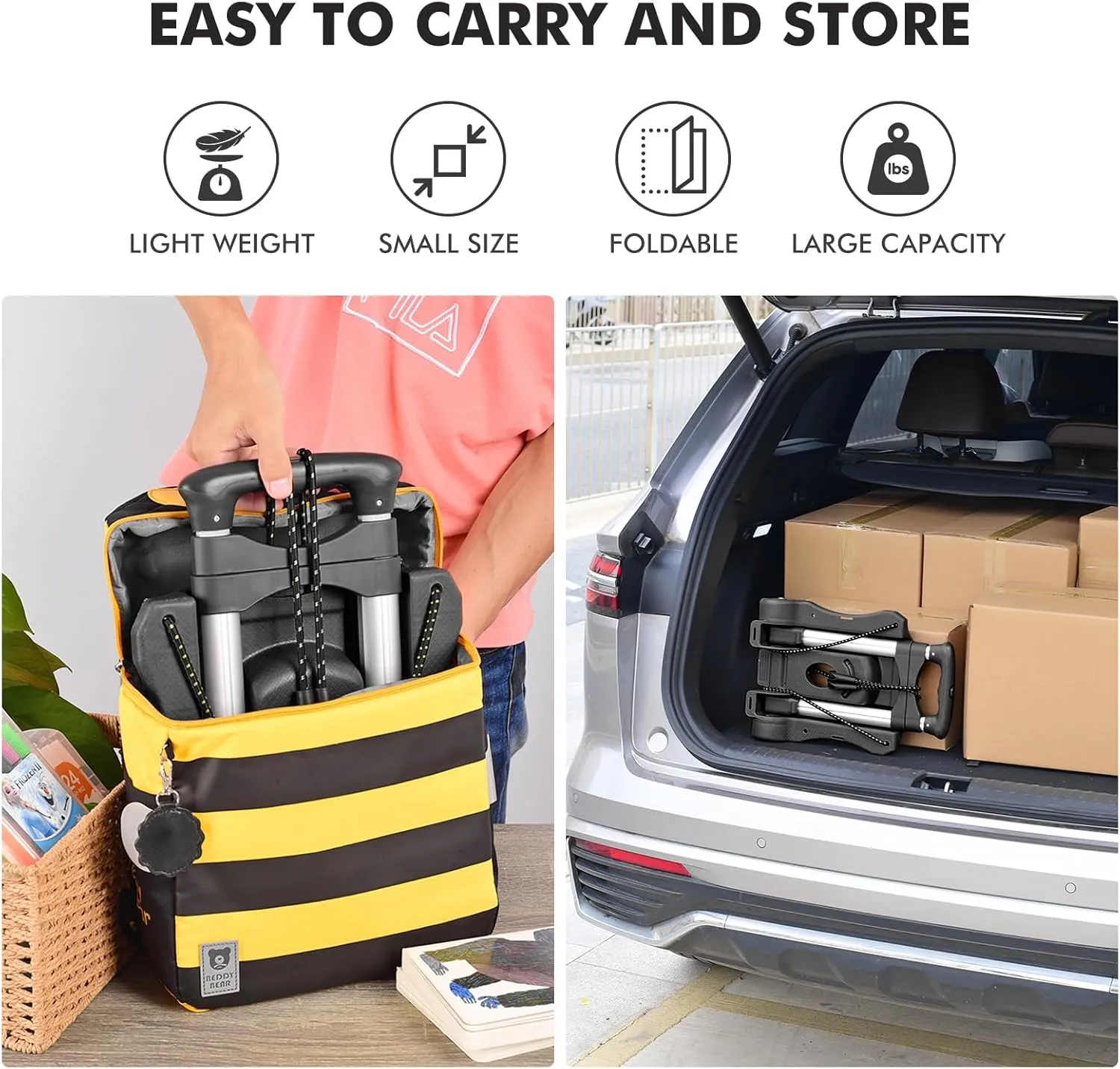 Folding Hand Truck, Heavy Duty Luggage Cart, Utility Dolly Platform Cart with 4 Wheels and 2 Elastic Ropes for Luggage, Travel, Moving, Shopping, Office Use (110LB, Black)