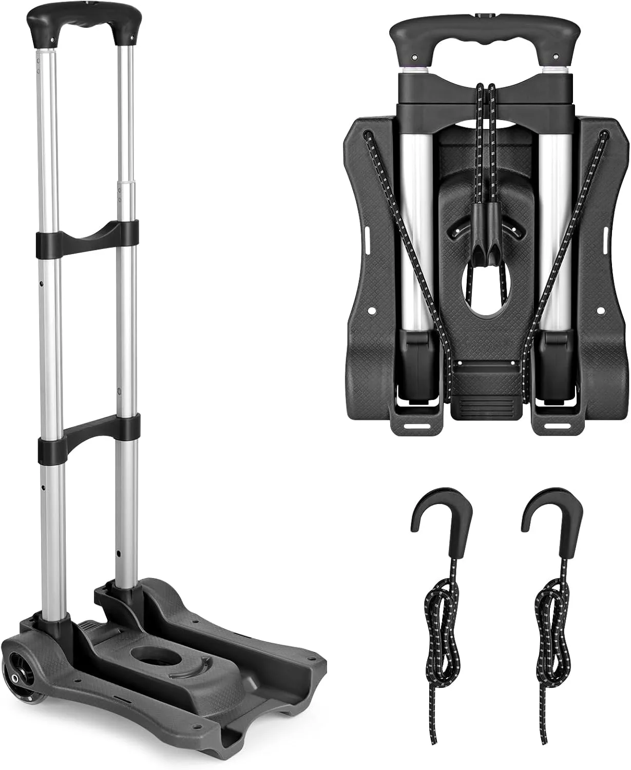 Folding Hand Truck, Heavy Duty Luggage Cart, Utility Dolly Platform Cart with 4 Wheels and 2 Elastic Ropes for Luggage, Travel, Moving, Shopping, Office Use (110LB, Black)