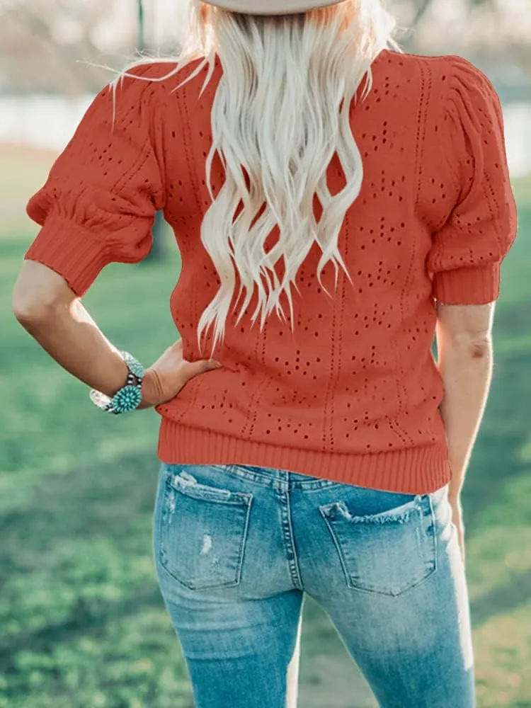 Foshow Womens Puff Short Sleeve Sweater Tops Summer Lightweight Loose Knit Pullover Shirts Blouses