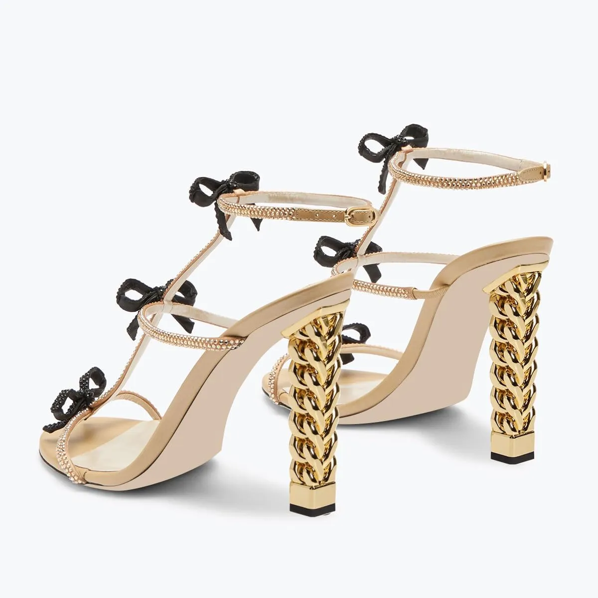 FSJ Women Gold Metal Chain Thick High Heel Sandals Open Toe Strappy Ankle Buckle Strap Slingback Comfy Summer Dress Pumps Crystal Bows Size 4-15 US
