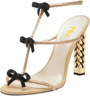 FSJ Women Gold Metal Chain Thick High Heel Sandals Open Toe Strappy Ankle Buckle Strap Slingback Comfy Summer Dress Pumps Crystal Bows Size 4-15 US