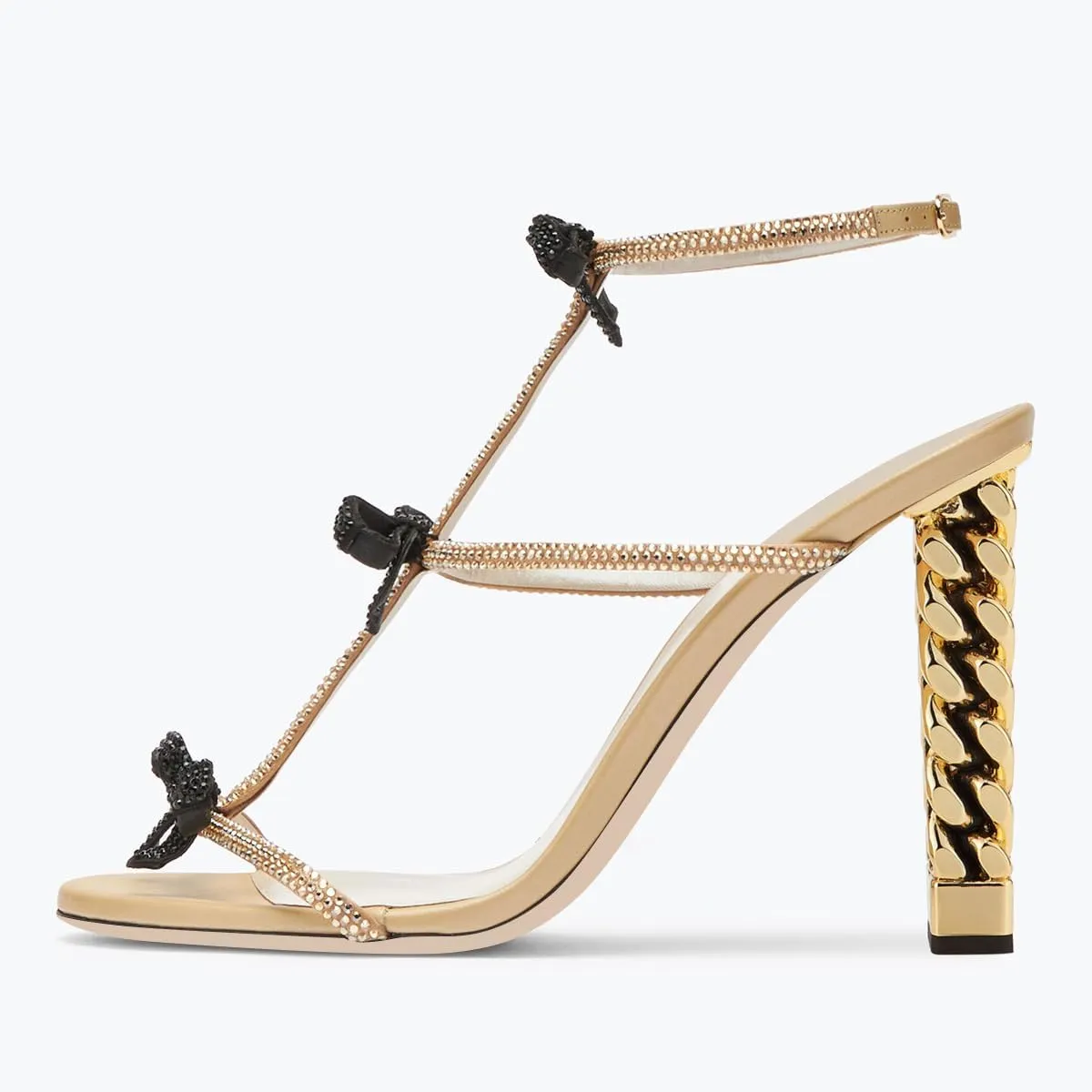FSJ Women Gold Metal Chain Thick High Heel Sandals Open Toe Strappy Ankle Buckle Strap Slingback Comfy Summer Dress Pumps Crystal Bows Size 4-15 US