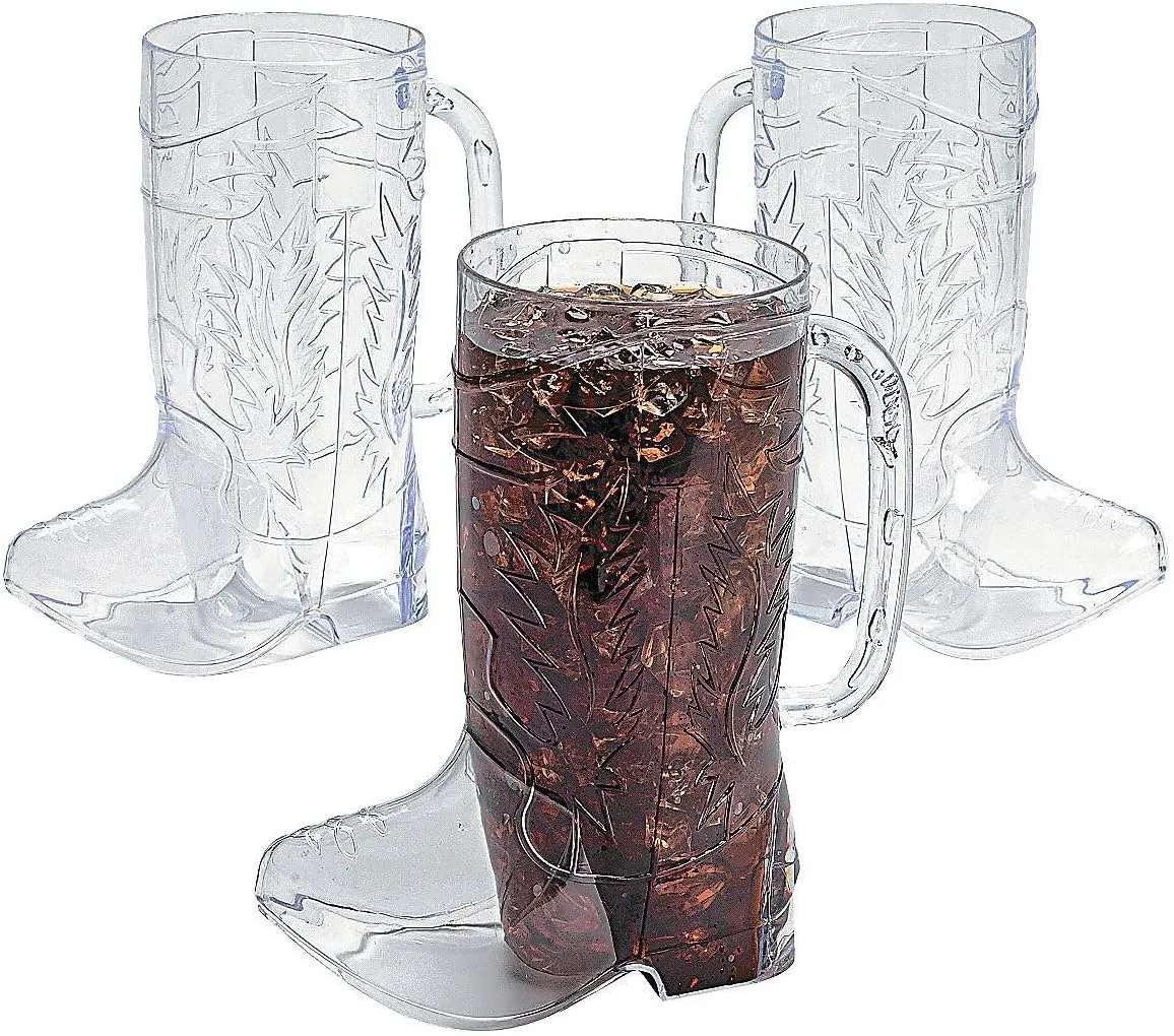 Fun Express Clear Cowboy Boot Plastic Mugs - 17 oz. (Pack of 12) - Ideal for Western-themed Parties, Rodeo Events, and Country Gatherings