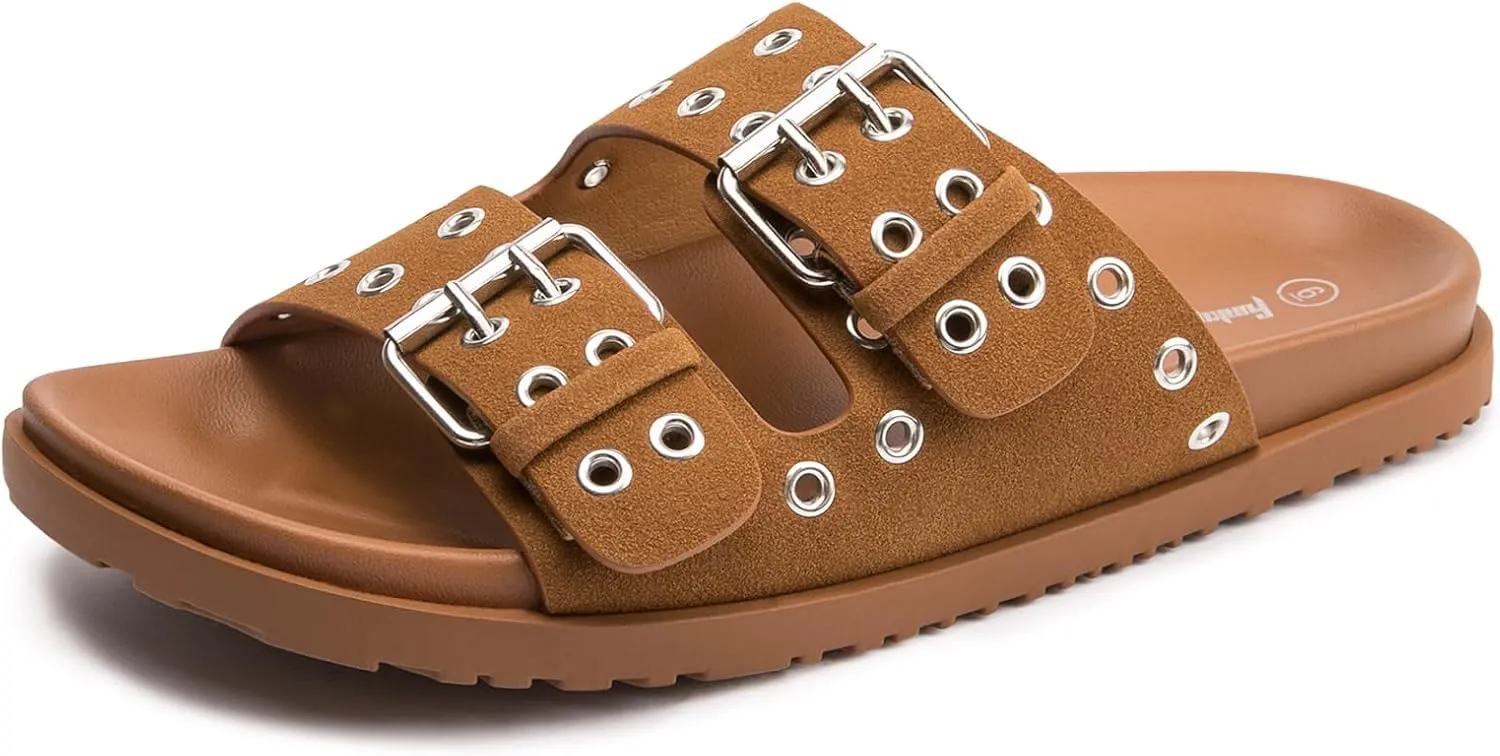 FUNKYMONKEY Women's Eyelets Adjustable Double Strap Slides Slip On Comfort Flat Sandals for Summer