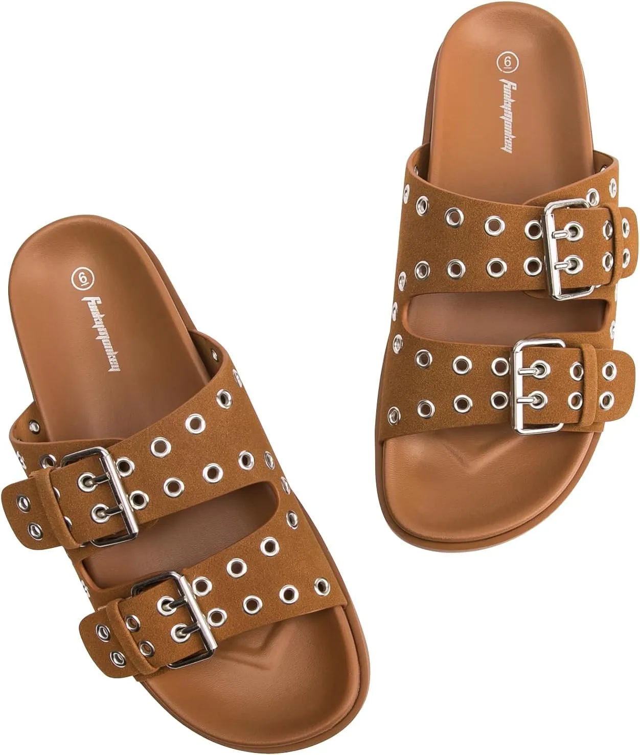 FUNKYMONKEY Women's Eyelets Adjustable Double Strap Slides Slip On Comfort Flat Sandals for Summer