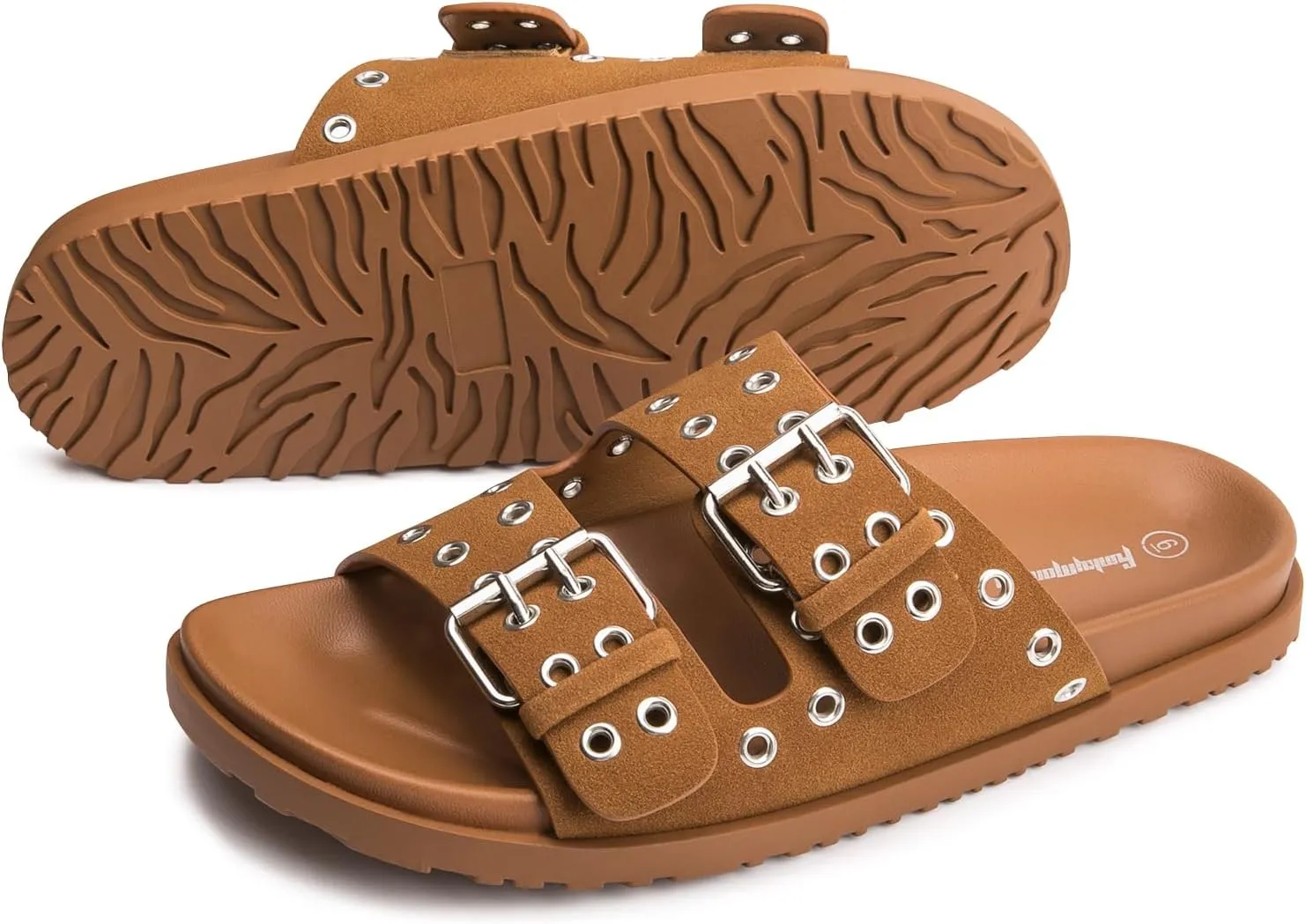 FUNKYMONKEY Women's Eyelets Adjustable Double Strap Slides Slip On Comfort Flat Sandals for Summer