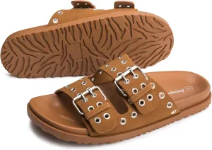 FUNKYMONKEY Women's Eyelets Adjustable Double Strap Slides Slip On Comfort Flat Sandals for Summer