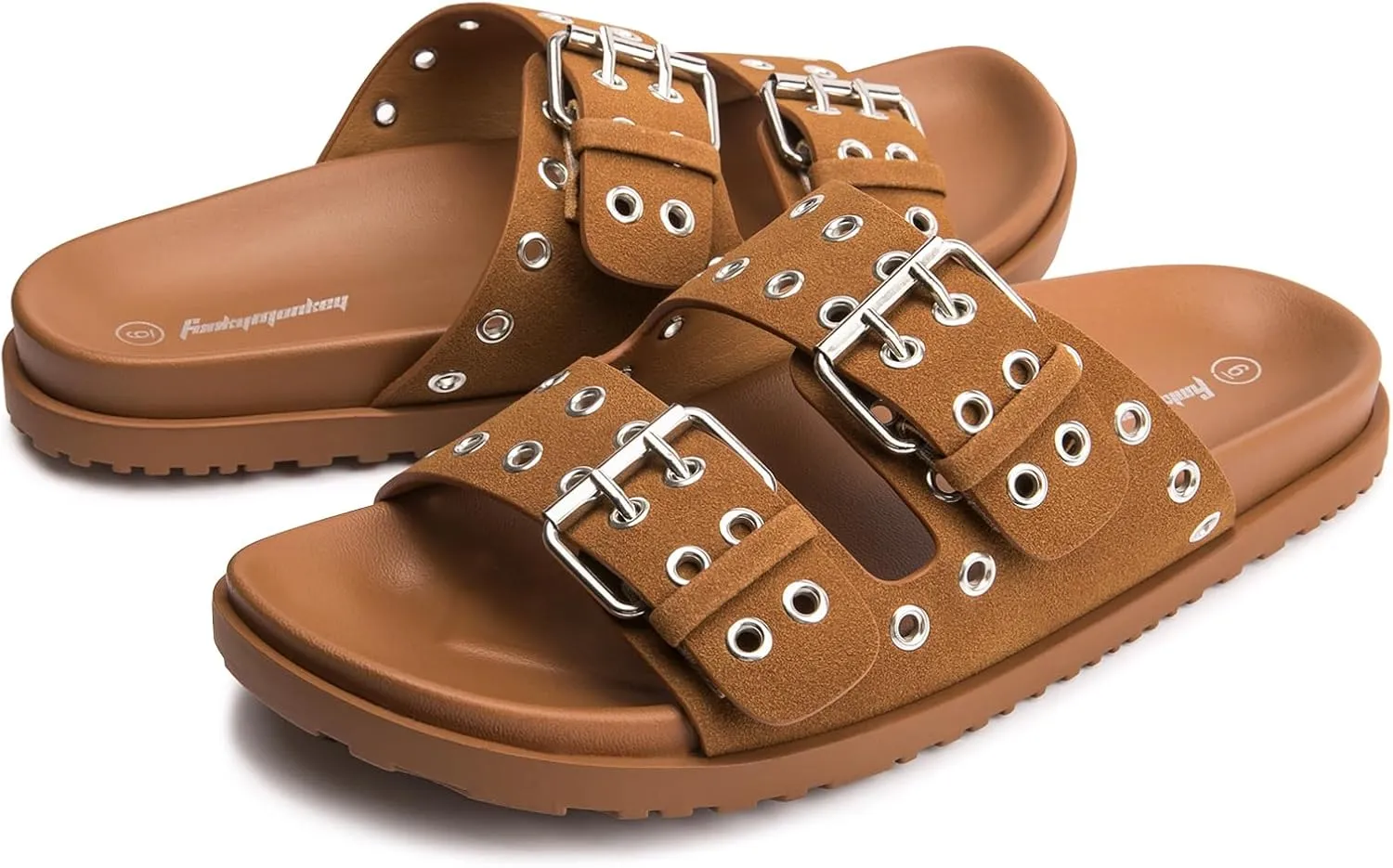 FUNKYMONKEY Women's Eyelets Adjustable Double Strap Slides Slip On Comfort Flat Sandals for Summer