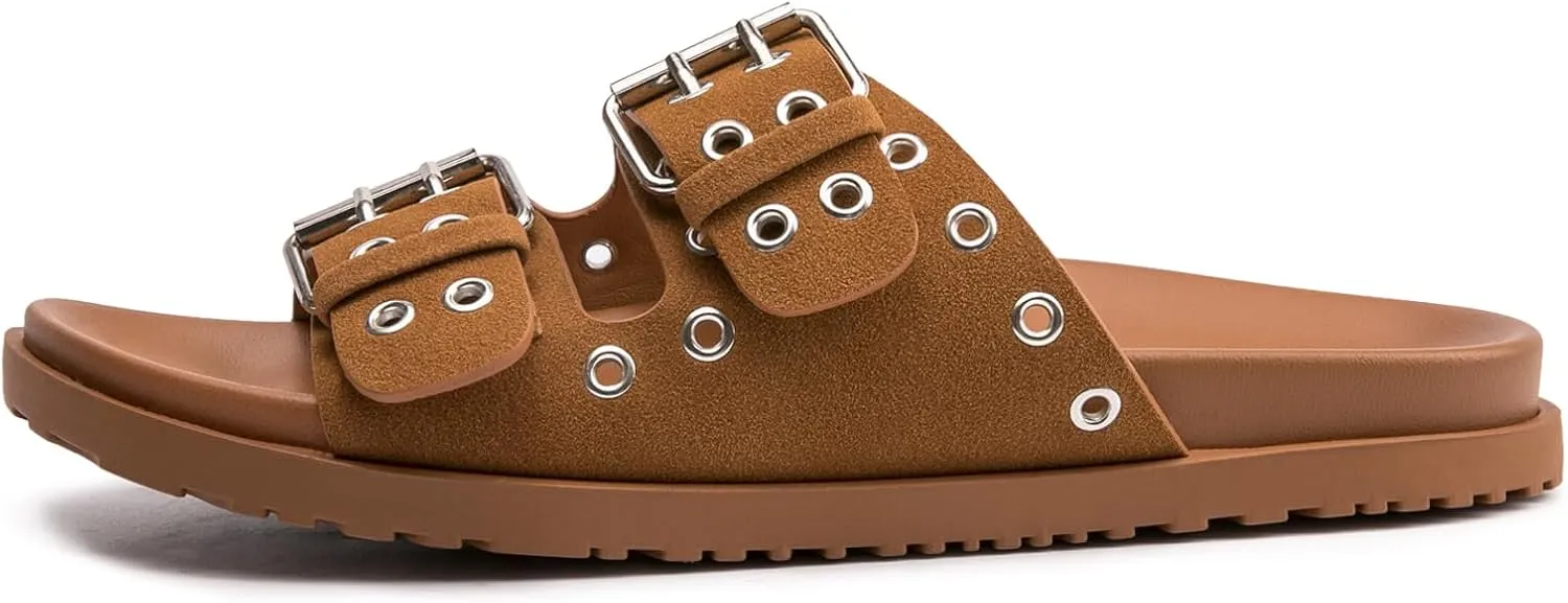 FUNKYMONKEY Women's Eyelets Adjustable Double Strap Slides Slip On Comfort Flat Sandals for Summer