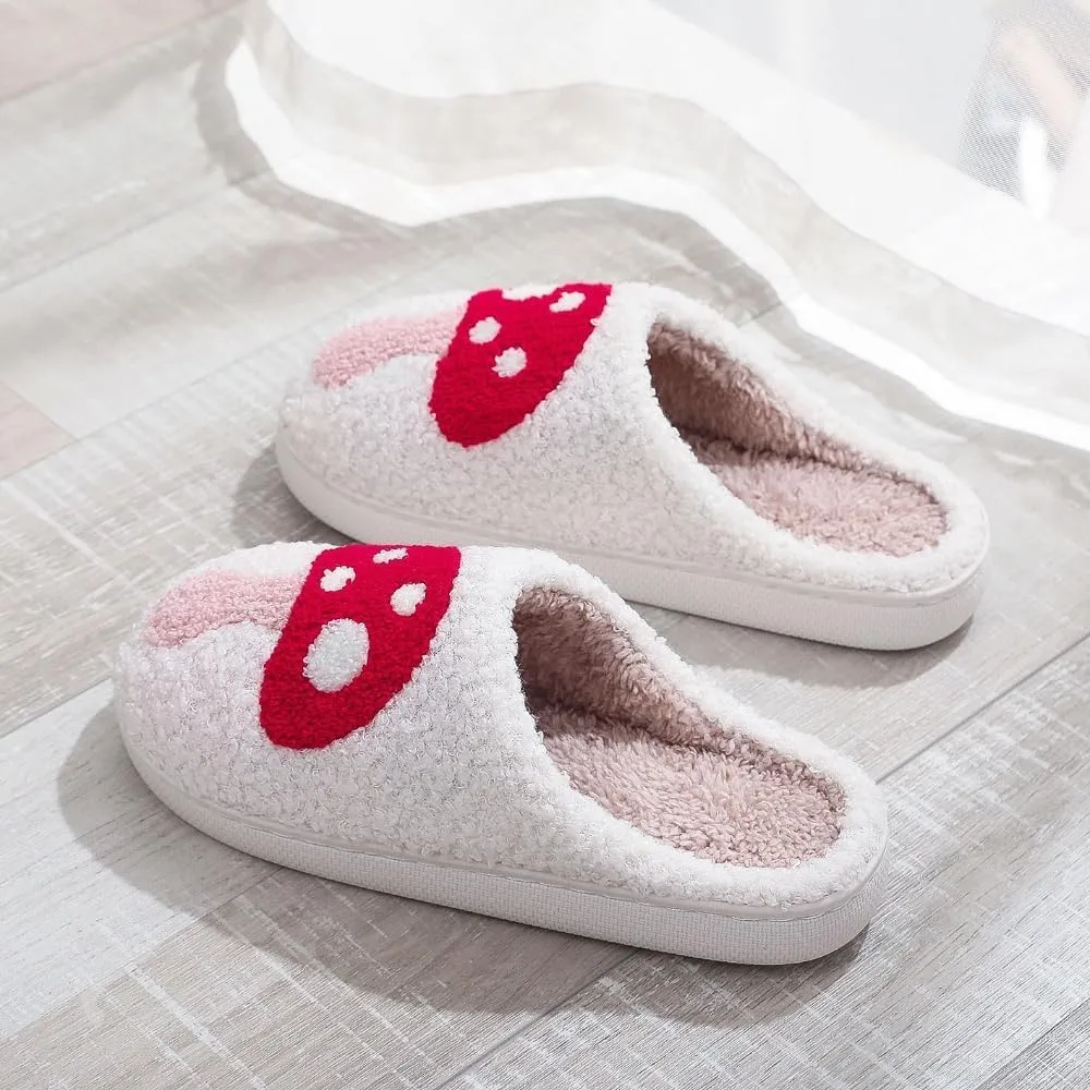 Fuzzy Thickened TPR Sole Slippers with Cute Mushroom Embroidery Soft and Indoor/Outdoor Cotton Shoes
