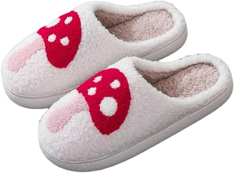 Fuzzy Thickened TPR Sole Slippers with Cute Mushroom Embroidery Soft and Indoor/Outdoor Cotton Shoes