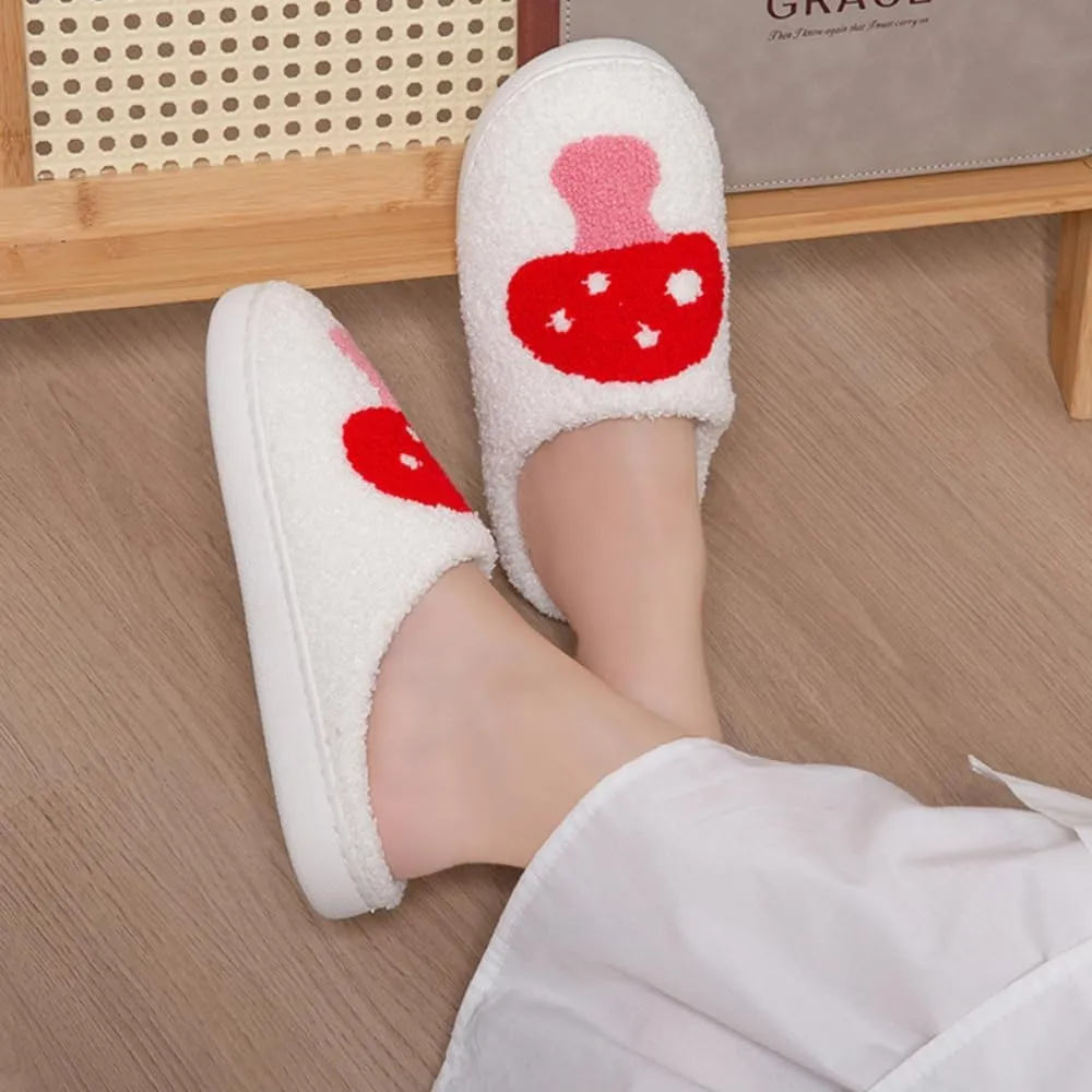 Fuzzy Thickened TPR Sole Slippers with Cute Mushroom Embroidery Soft and Indoor/Outdoor Cotton Shoes