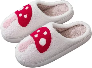 Fuzzy Thickened TPR Sole Slippers with Cute Mushroom Embroidery Soft and Indoor/Outdoor Cotton Shoes