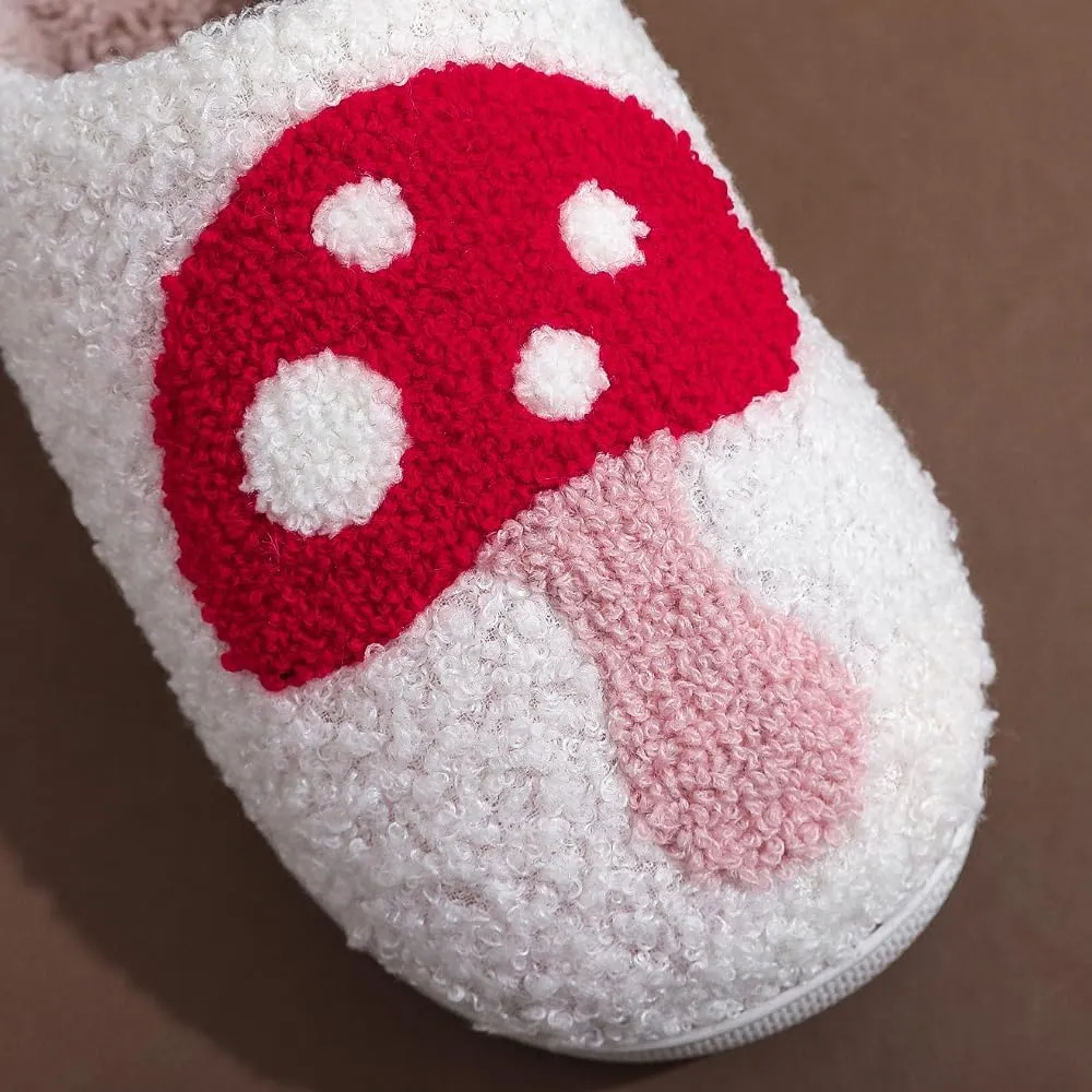 Fuzzy Thickened TPR Sole Slippers with Cute Mushroom Embroidery Soft and Indoor/Outdoor Cotton Shoes