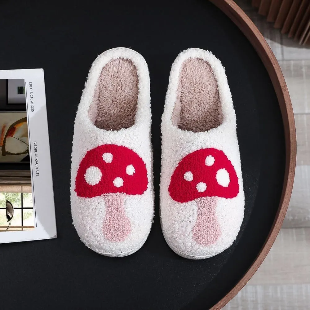 Fuzzy Thickened TPR Sole Slippers with Cute Mushroom Embroidery Soft and Indoor/Outdoor Cotton Shoes