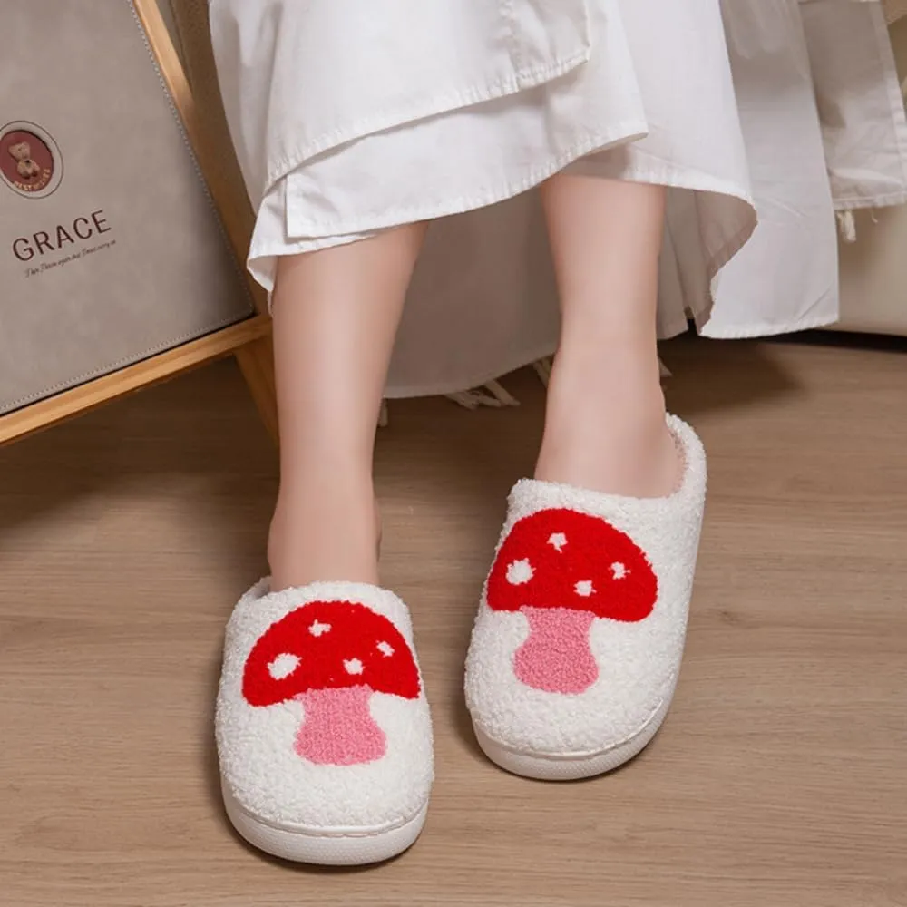 Fuzzy Thickened TPR Sole Slippers with Cute Mushroom Embroidery Soft and Indoor/Outdoor Cotton Shoes