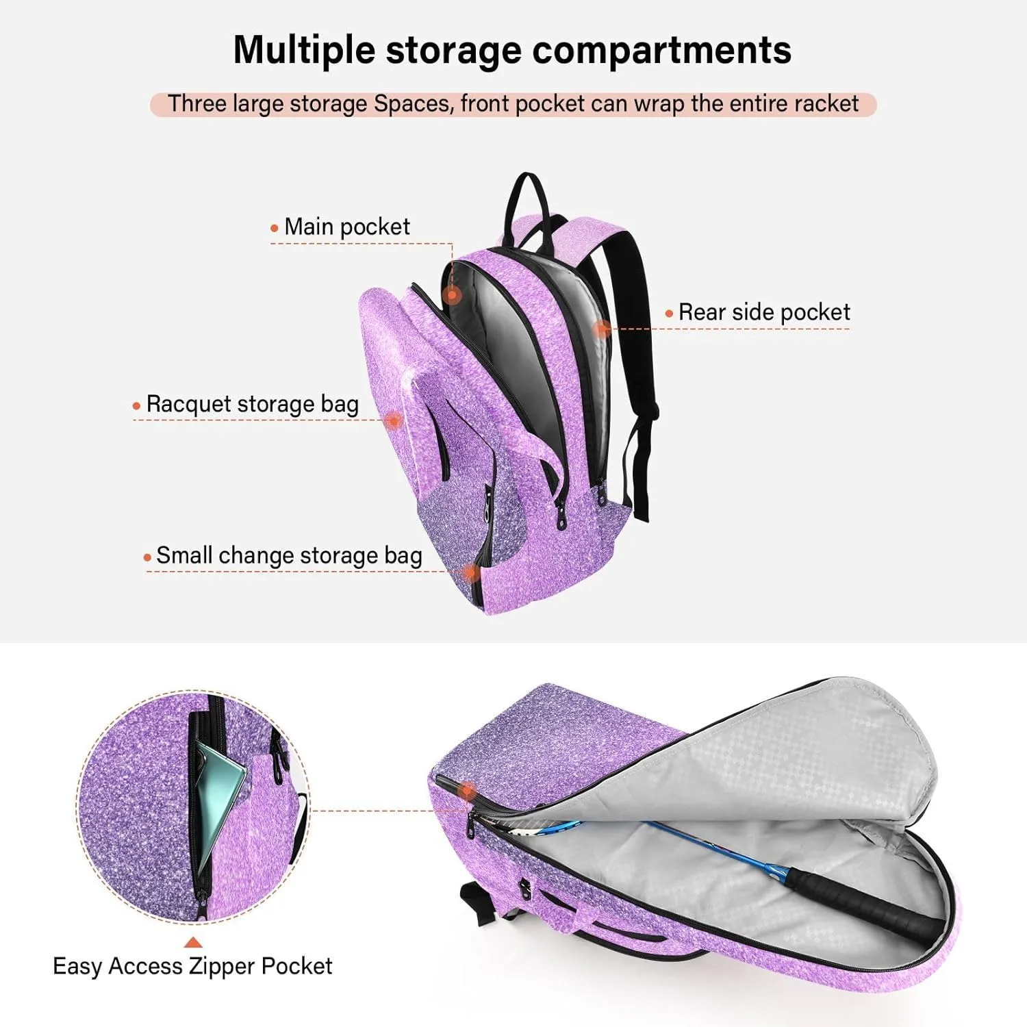 GAIGEO Racket Bag, Multiple Storage Compartments, Foldable Racket Pocket