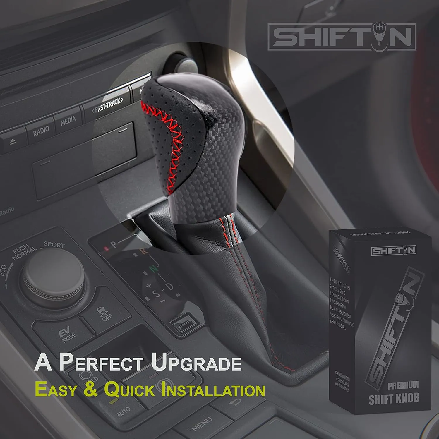 Gear Shift Knob Shifter for Lexus ES GS GX is NX RC RX 200t 300 350 3450h 450hL 350L (Black Leather Red Stitch/Carbon Look)