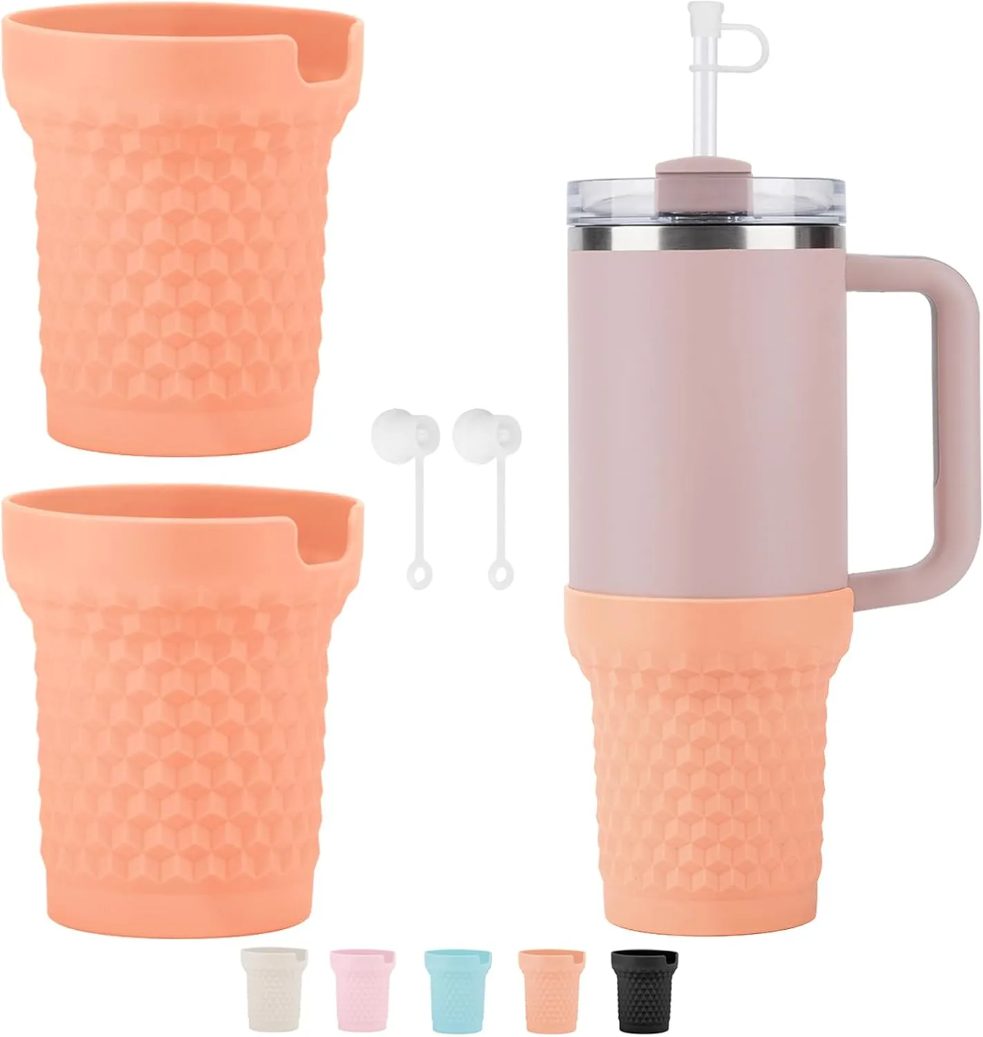 GENLEAS 2PCS Silicone Boot for Stanley Cup, 3D Diamond Pattern Design for Stanley Quencher H2.0 40 oz, Anti-Slip Bottom Sleeve Cover Bumper, Rose Quartz