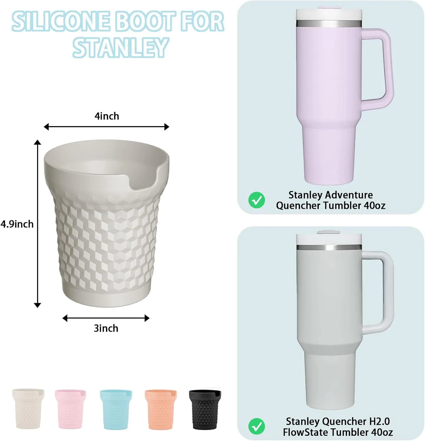 GENLEAS 2PCS Silicone Boot for Stanley Cup, 3D Diamond Pattern Design for Stanley Quencher H2.0 40 oz, Anti-Slip Bottom Sleeve Cover Bumper, Rose Quartz