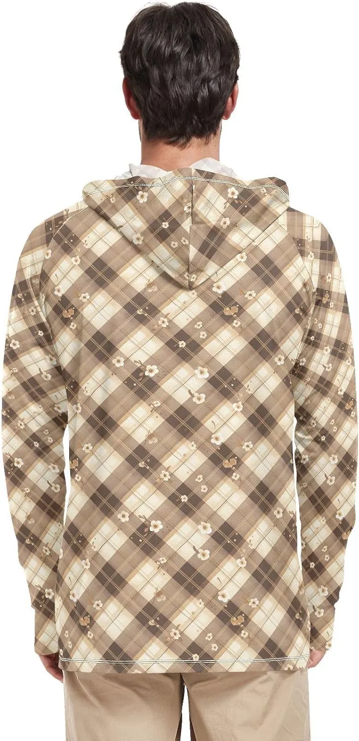 Gingham Floral Mens Hoodie Sun Protection Long Sleeve Sun Shirt with Hood UPF 50  Swim Shirt UV Hooded Rashguard for Men