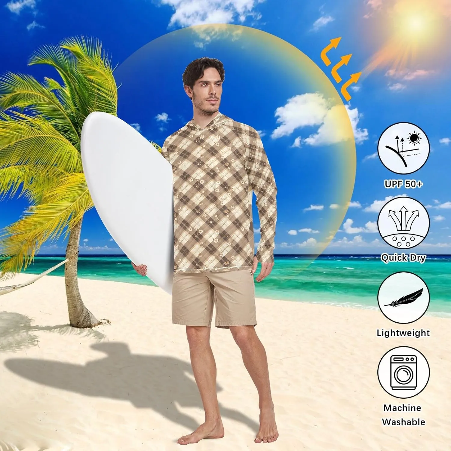Gingham Floral Mens Hoodie Sun Protection Long Sleeve Sun Shirt with Hood UPF 50  Swim Shirt UV Hooded Rashguard for Men