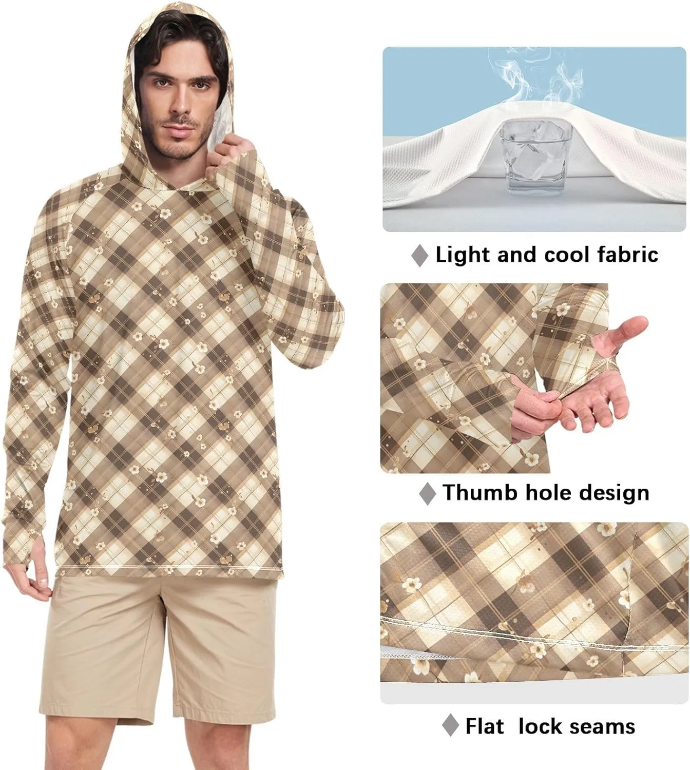 Gingham Floral Mens Hoodie Sun Protection Long Sleeve Sun Shirt with Hood UPF 50  Swim Shirt UV Hooded Rashguard for Men