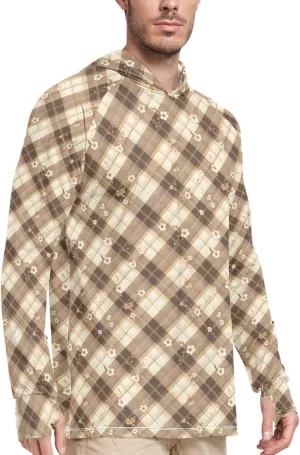 Gingham Floral Mens Hoodie Sun Protection Long Sleeve Sun Shirt with Hood UPF 50  Swim Shirt UV Hooded Rashguard for Men