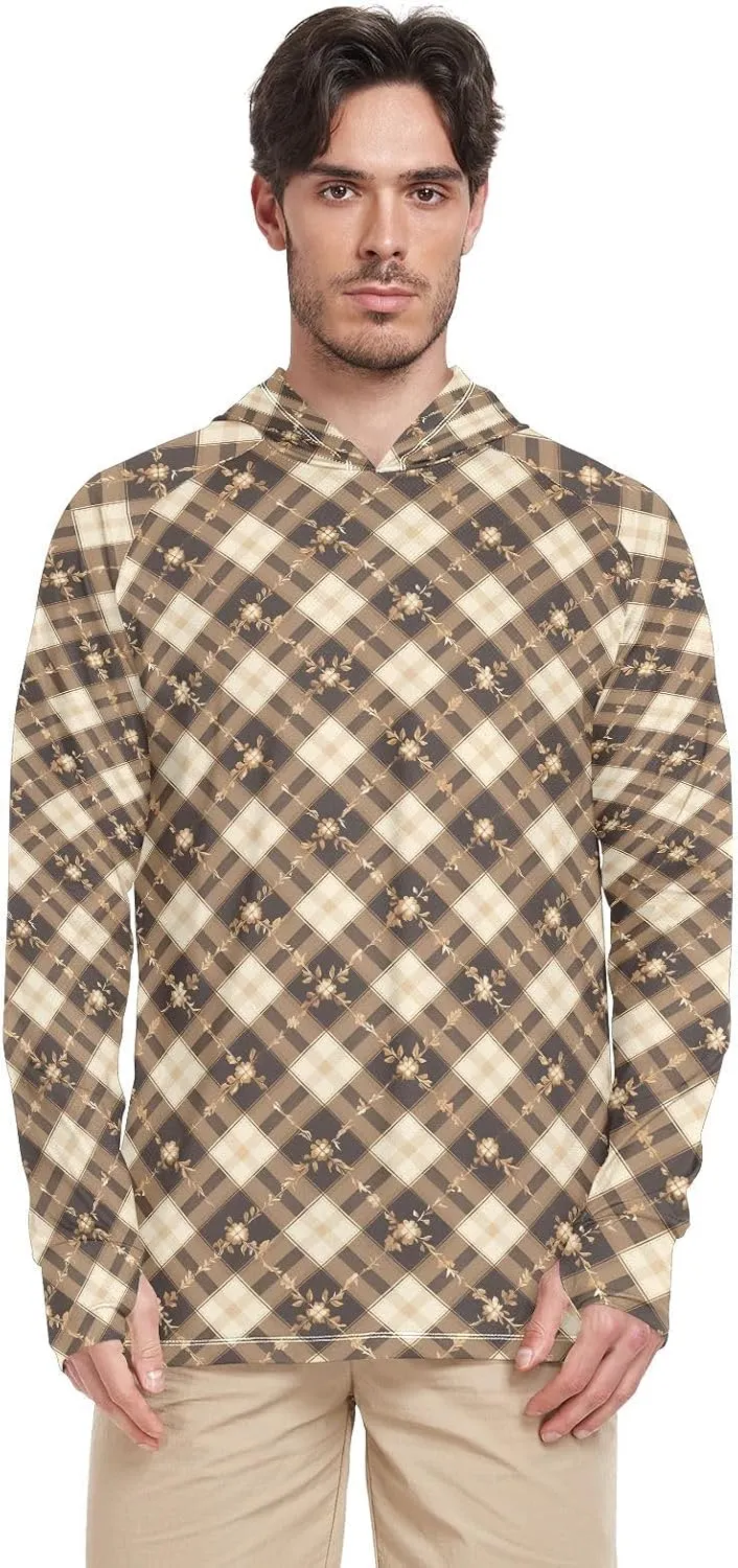 Gingham Plaid Floral Mens Hoodie Sun Protection Long Sleeve UPF 50 Mens Sun Shirt Beach Hoodies UV Rashguard for Men