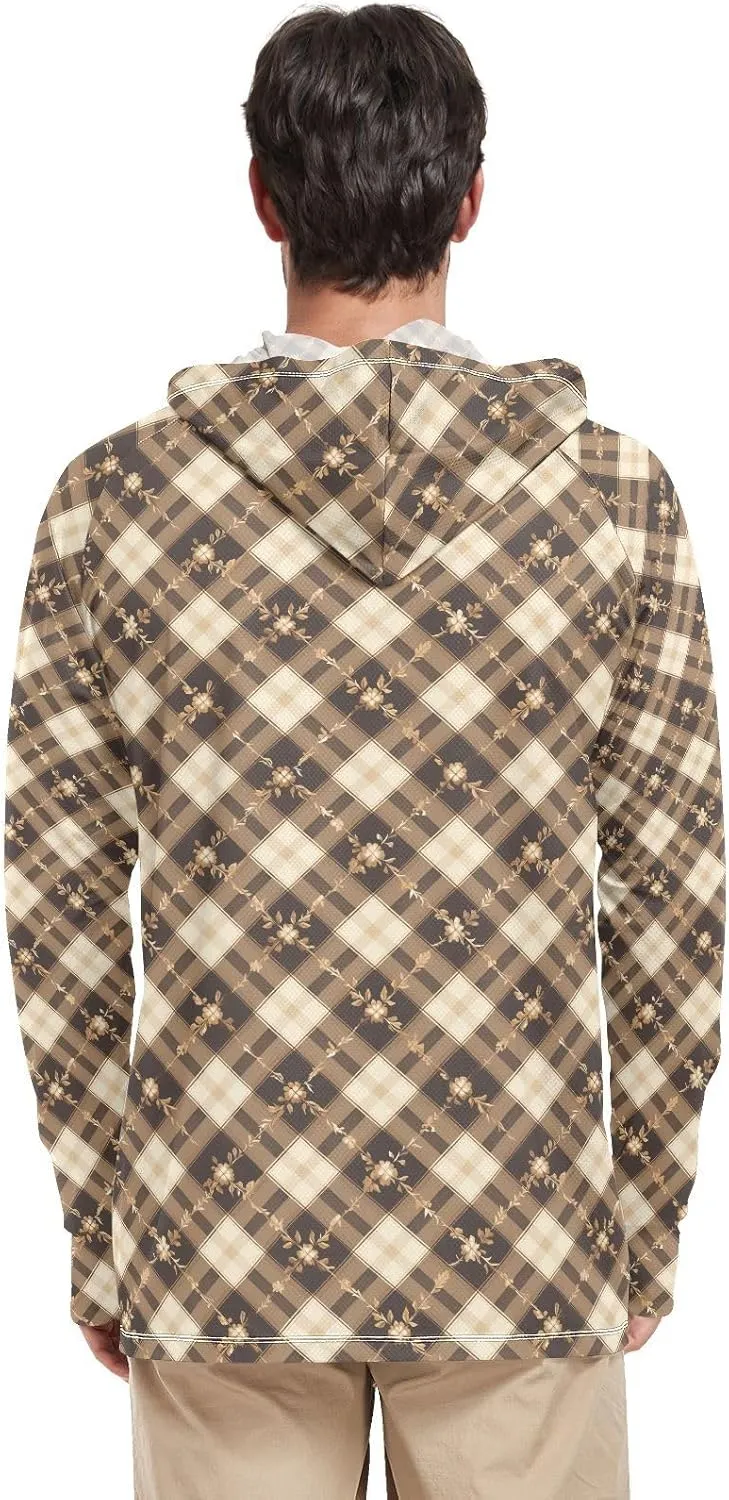 Gingham Plaid Floral Mens Hoodie Sun Protection Long Sleeve UPF 50 Mens Sun Shirt Beach Hoodies UV Rashguard for Men