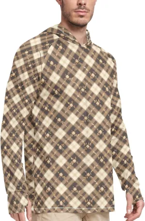 Gingham Plaid Floral Mens Hoodie Sun Protection Long Sleeve UPF 50 Mens Sun Shirt Beach Hoodies UV Rashguard for Men
