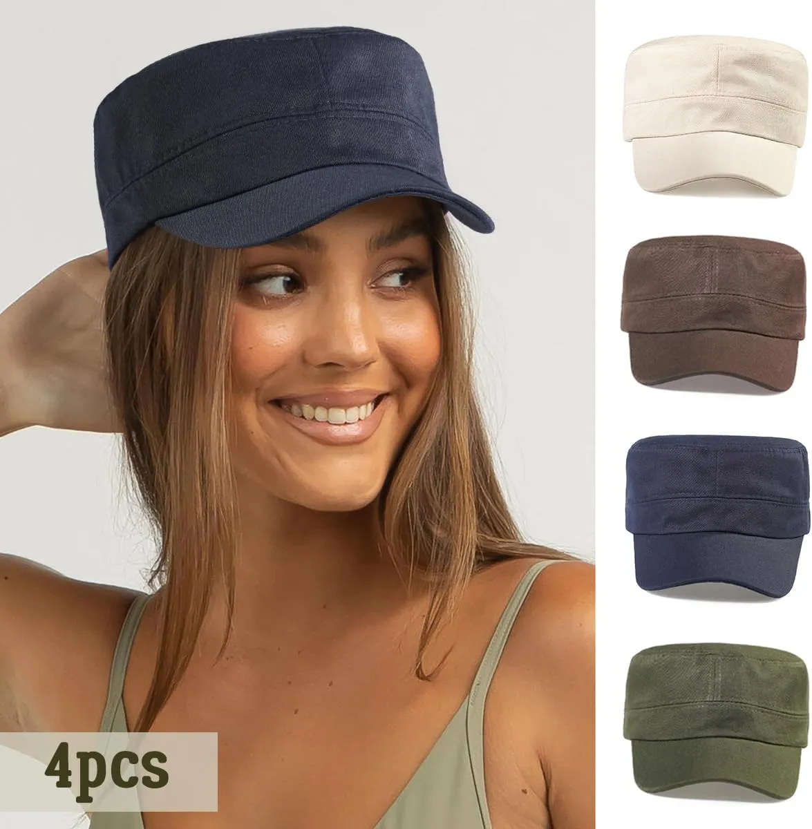Glamorstar Unisex Cadet Army Hats 4 Pieces Military Flat Top Newsboy Cap
