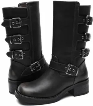 GLOBALWIN Chunky Mid Calf Fashion Dressy Motocycle Biker Military Style Combat Boots for Women Low Heel