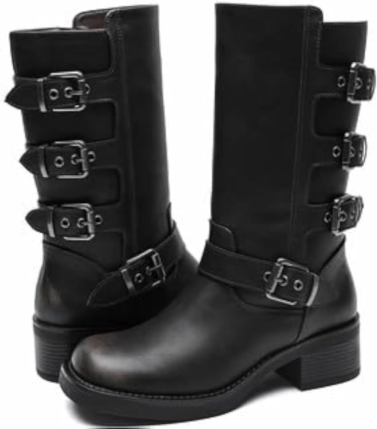GLOBALWIN Chunky Mid Calf Fashion Dressy Motocycle Biker Military Style Combat Boots for Women Low Heel