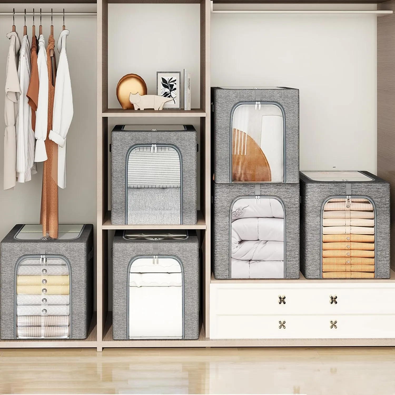 GoMaihe Clothes Storage Bin with Metal Frame: 6-Pack Stackable Clothing Storage Bin with Lid for Upper Closet, Fabric Storage Bag Organizer Boxes for Sweaters Seasonal Clothes Bedding Towels 55L