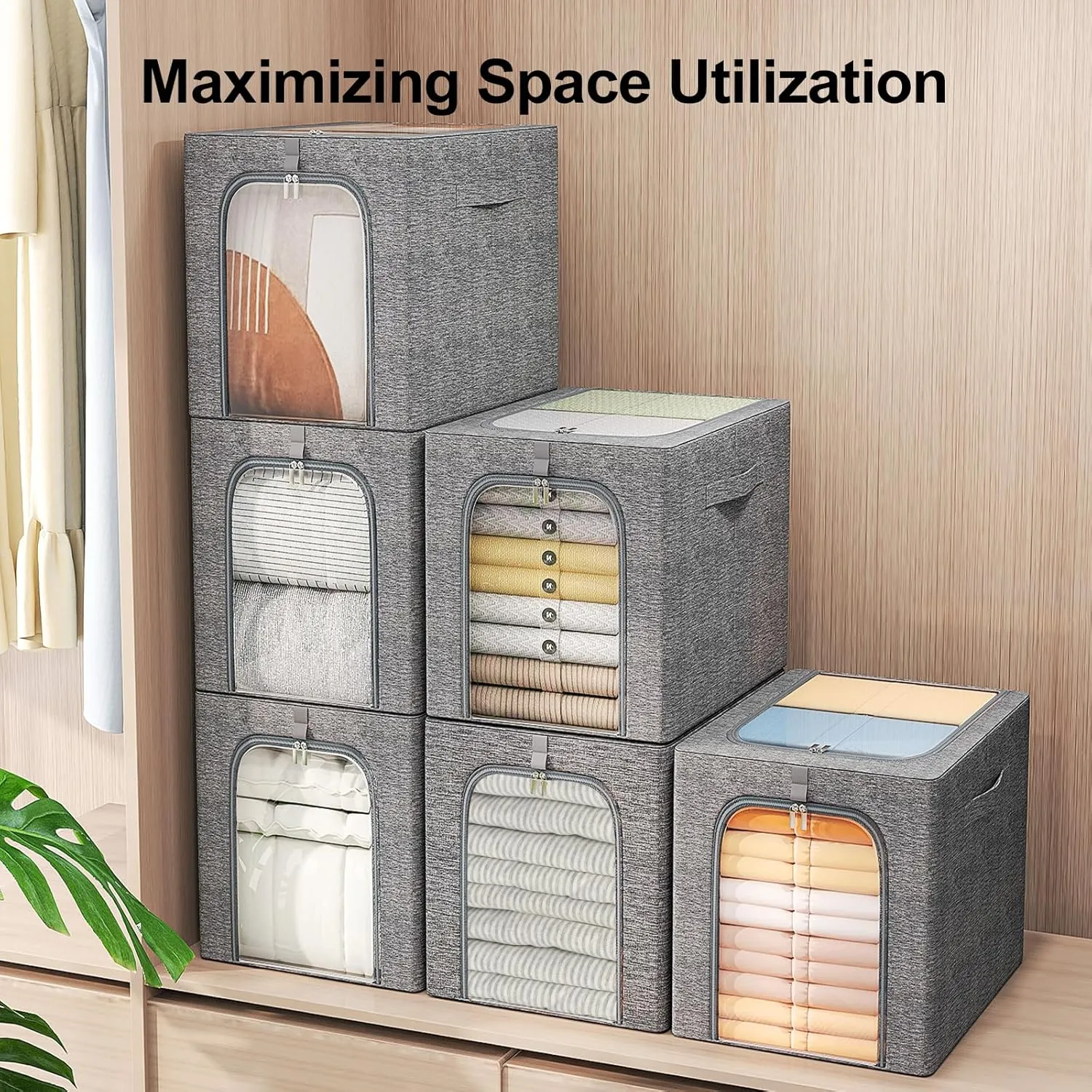 GoMaihe Clothes Storage Bin with Metal Frame: 6-Pack Stackable Clothing Storage Bin with Lid for Upper Closet, Fabric Storage Bag Organizer Boxes for Sweaters Seasonal Clothes Bedding Towels 55L