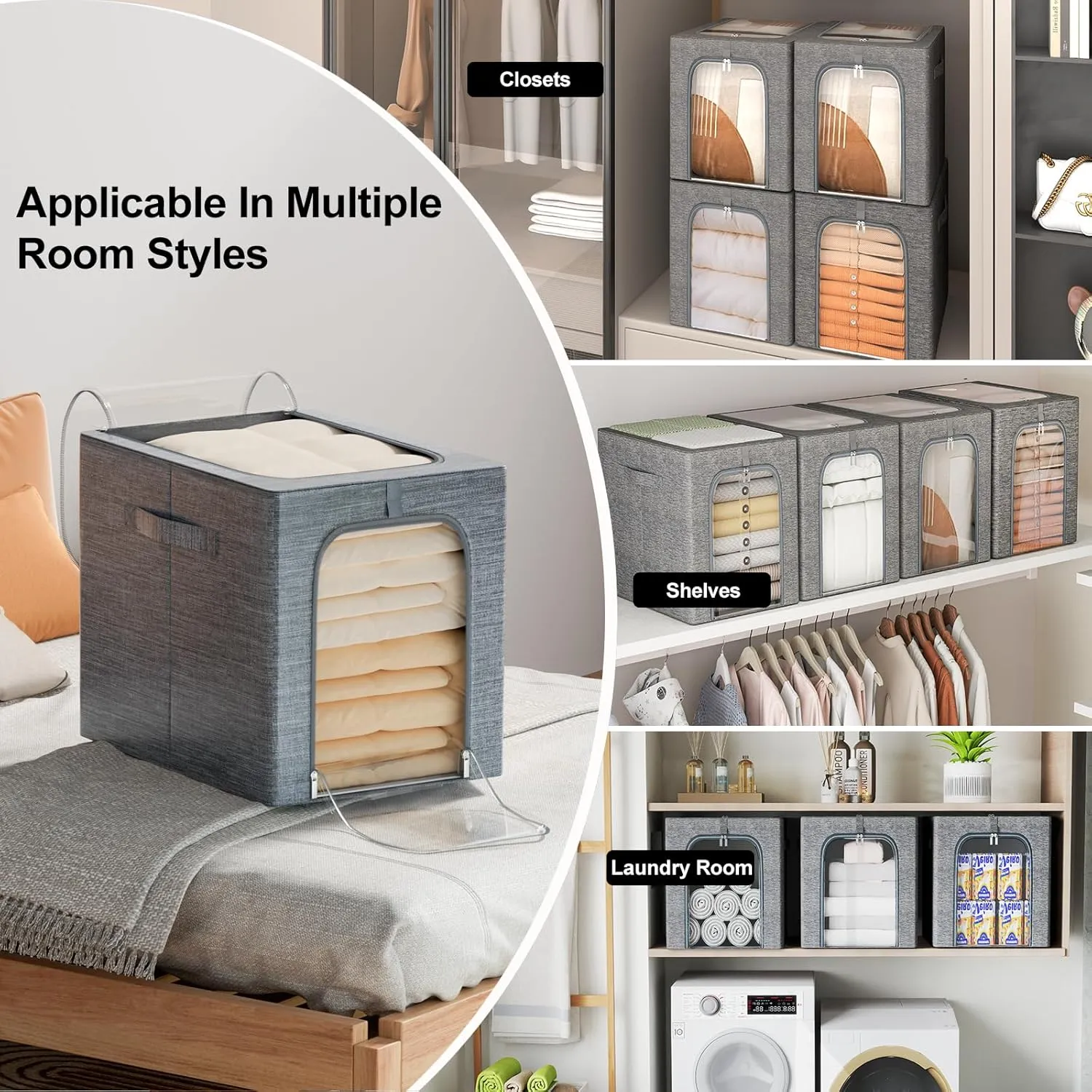 GoMaihe Clothes Storage Bin with Metal Frame: 6-Pack Stackable Clothing Storage Bin with Lid for Upper Closet, Fabric Storage Bag Organizer Boxes for Sweaters Seasonal Clothes Bedding Towels 55L