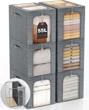 GoMaihe Clothes Storage Bin with Metal Frame: 6-Pack Stackable Clothing Storage Bin with Lid for Upper Closet, Fabric Storage Bag Organizer Boxes for Sweaters Seasonal Clothes Bedding Towels 55L