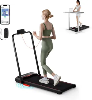 Goplus 2 in 1 Folding Treadmill, 2.5HP 340 LBS Capacity Walking Pad with Handle Bar, Under Desk Treadmill with Remote Control, LED Display and APP, Foldable Portable Treadmills for Home Small, Office