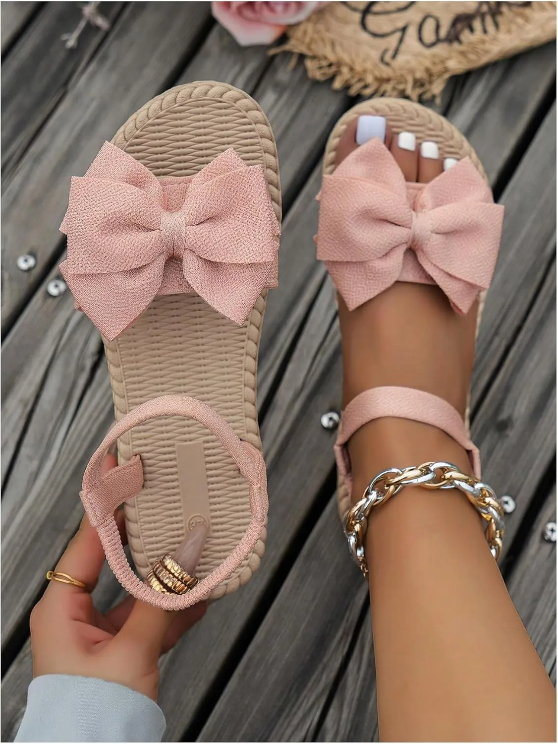 GORGLITTER Women's Bow Braided Flat Sandals Open Toe Lightweight Vacation Beach Slide Sandals