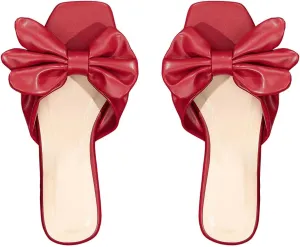 GORGLITTER Women's Bow Flat Sandals Dressy Square Open Toe Sandals Comfortable Slip On Slide Sandals