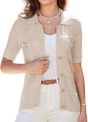 GRACE KARIN Women's Short Sleeve Summer Lightweight Cardigan Sweaters Button Up Polo Neck Crochet Blouse Dressy Casual
