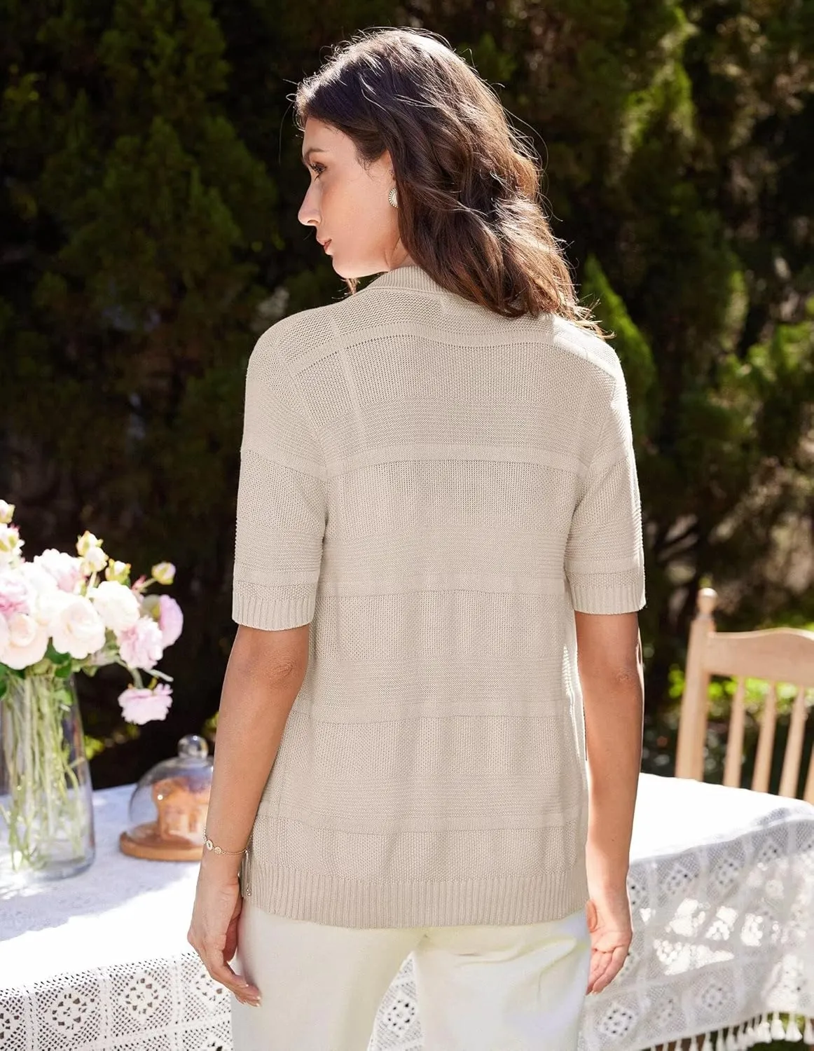 GRACE KARIN Women's Short Sleeve Summer Lightweight Cardigan Sweaters Button Up Polo Neck Crochet Blouse Dressy Casual