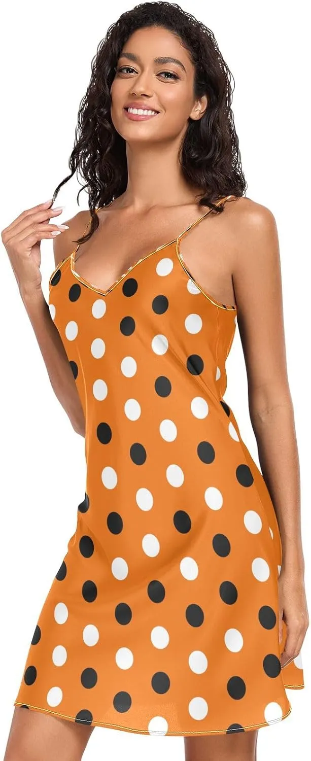 Halloween Polka Dot Slip Nightgowns for Women, Adjustable Spaghetti Strap V Neck Soft Lounge Slip Dress, S