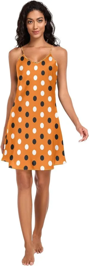 Halloween Polka Dot Slip Nightgowns for Women, Adjustable Spaghetti Strap V Neck Soft Lounge Slip Dress, S